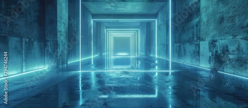 A dim passageway illuminated by vibrant neon lights and lined with a solid cement wall