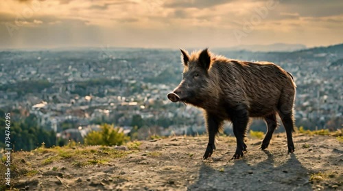 Wild Boar Overlooking Urban Landscape