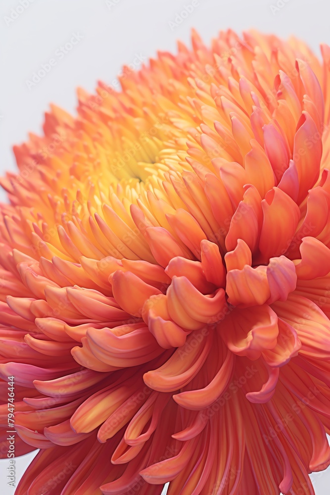 Closeup of a dewcovered chrysanthemum, each petal detailed and vivid, ideal for botanical art prints or detailed studies in gardening magazines, emphasizing the flowers intricate beauty, water color,