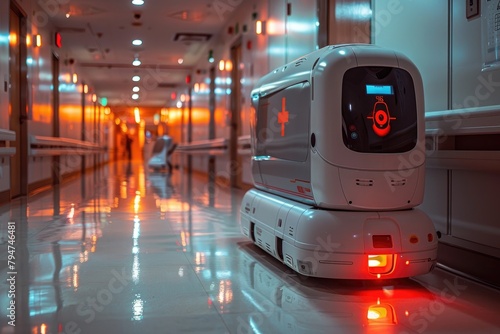 A compact, multi-functional robot delivering medication and meals to patients rooms, navigating the hallways of a smart hospital photo