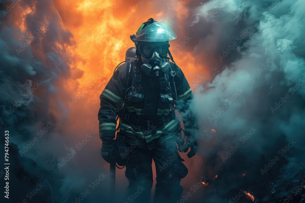 A firefighter and a search-and-rescue robot working together to navigate through a smoke-filled building, saving lives A firefighter and a search-and-rescue robot working together to navigate through a smoke-filled building, saving lives