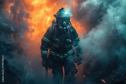 A firefighter and a search-and-rescue robot working together to navigate through a smoke-filled building, saving lives