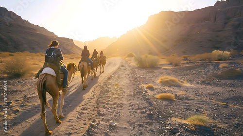 a group of riders on horseback traverse a dirt road under a blue sky, with brown and white horses l photo