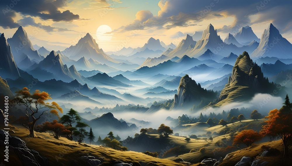 a mystical mountain landscape with swirling mists and hidden valleys.