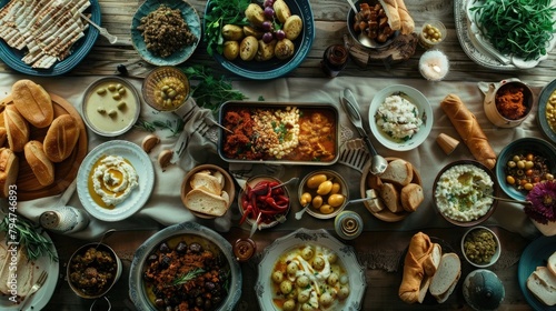 A panoramic view of a beautifully arranged Passover meal, showcasing the variety of dishes prepared for the Second Passover celebration.