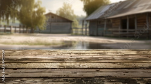 An aged wooden tabletop in sharp focus with a serene farmyard and barns in the blurred background. photo