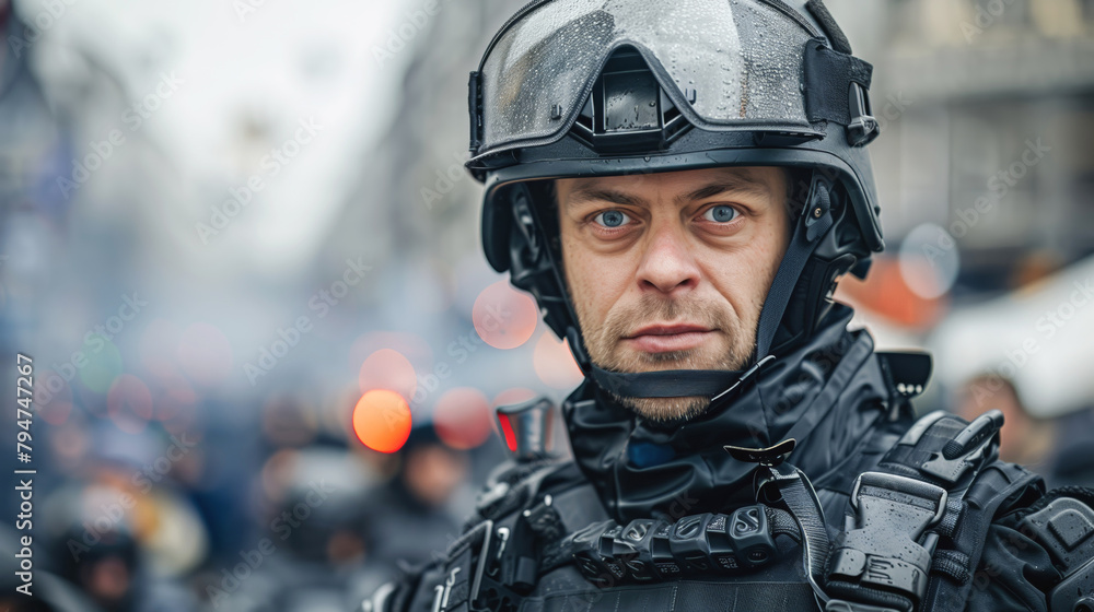 Close-up of a police officer in full riot gear with a serious expression. Close-up of a police officer in full riot gear with a serious expression.