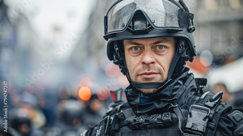 Close-up of a police officer in full riot gear with a serious expression. photo