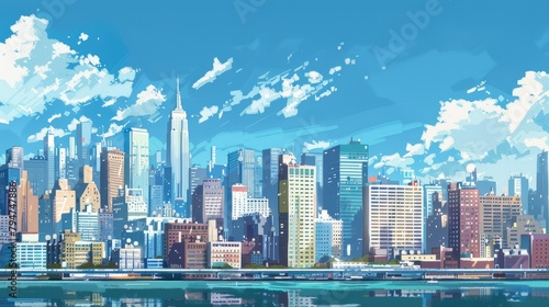 Beautiful anime-style illustration of a city skyline  digital art