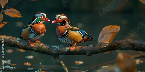  A couple of Mandarin duck perched on a sunlit tree branch by a tranquil pond, showcasing its iridescent plumage and dark forest background 