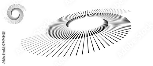 Spiral with black lines as dynamic abstract vector background or logo or icon. Abstract background with lines in circle. Artistic illustration with perspective on white background.