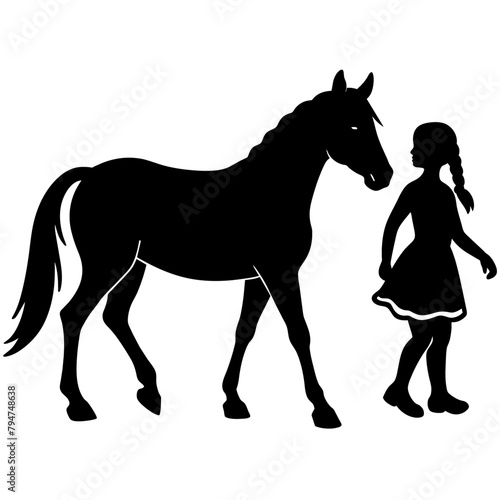 Vector silhouette of girl with horse  on white background  solid black color silhouette  silhouette  2 