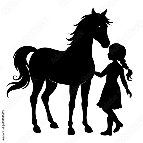 Vector silhouette of girl with horse  on white background  solid black color silhouette  silhouette  6 