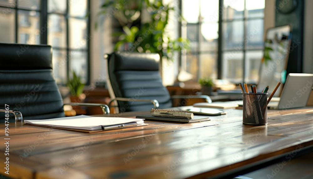 A desk with a black chair and a black desk with a laptop and a pen holder by AI generated image A desk with a black chair and a black desk with a laptop and a pen holder by AI generated image