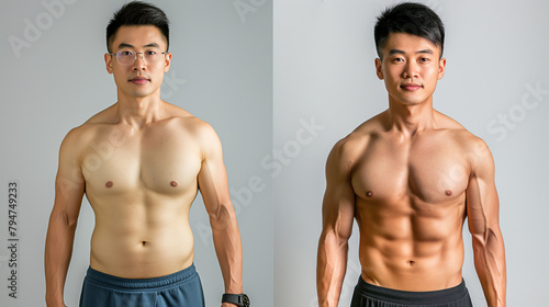 A comparison showcasing the transformation of a Japanese man from full-figured to athletic after regular workouts. Illustrating the journey of physical transformation and fitness progress. 