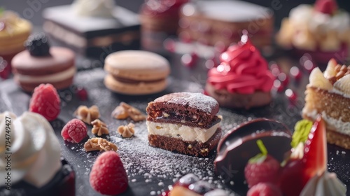A closeup view of a table showcasing a variety of meticulously crafted desserts by a skilled pastry chef