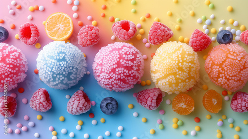 Background with colorful sweet sugar balls and berries, colorful sugar balls & berries background