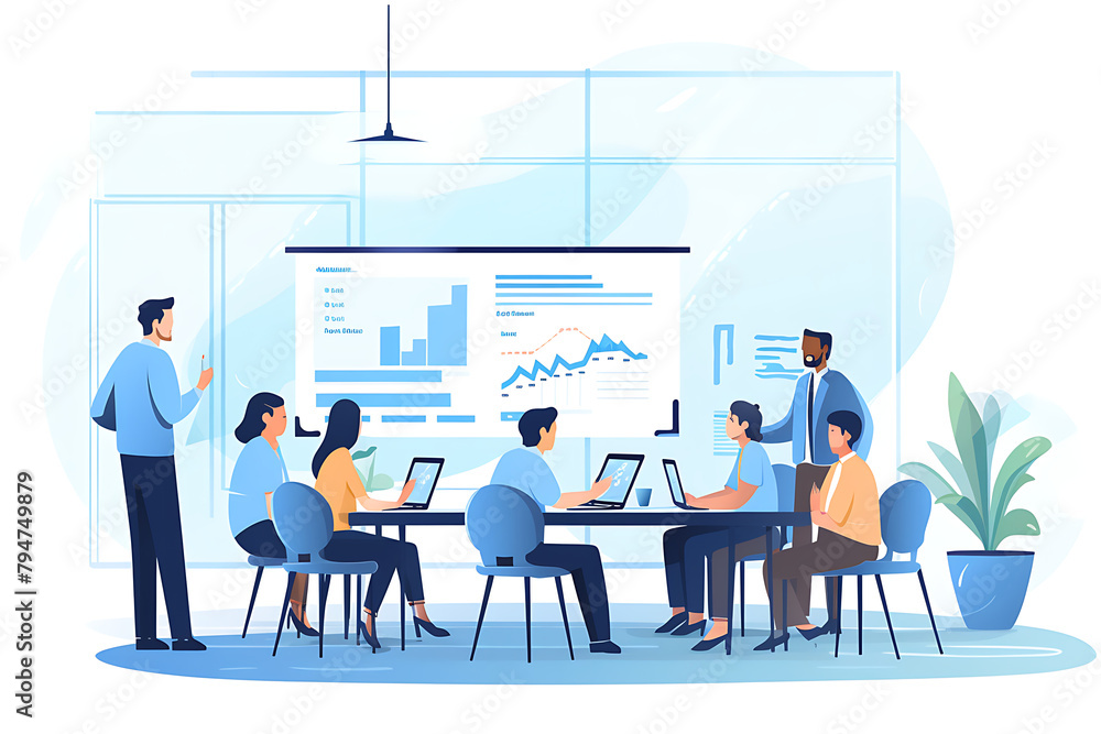 Vibrant cartoon of a diverse team engaged in a collaborative meeting with laptops in a modern office setting. Generative AI Vibrant cartoon of a diverse team engaged in a collaborative meeting with laptops in a modern office setting. Generative AI