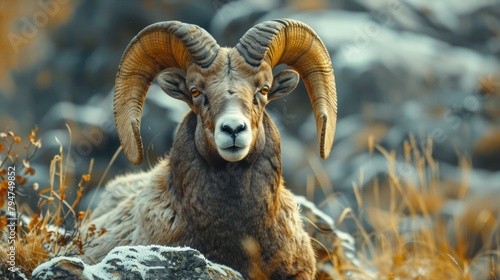 Bighorn sheep, full-length photos capture the majesty and strength of the majestic creatures. as they stand tall amidst the rugged terrain. This picture conjures up a feeling of awe. beauty of nature