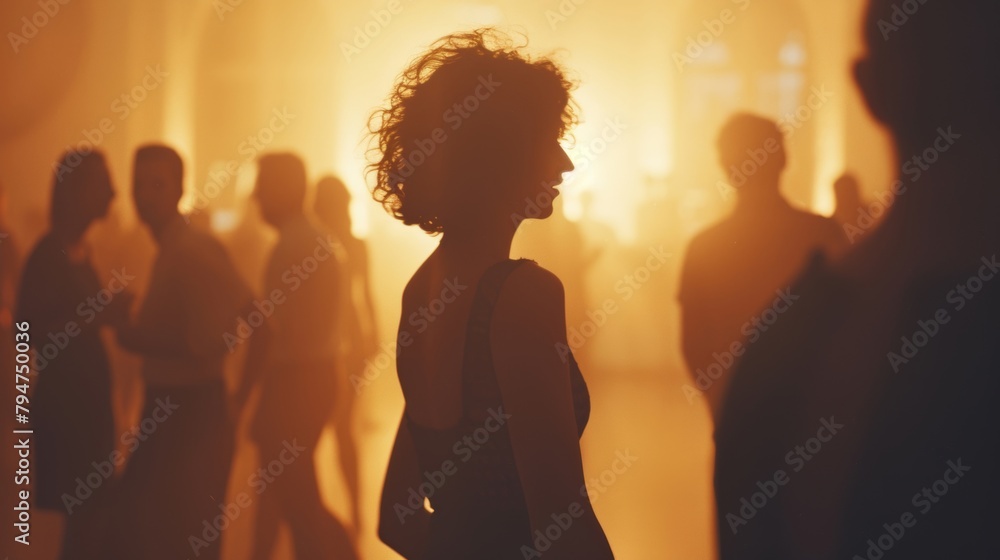A silhouette of a solitary woman in a hazy room filled with people, evoking a sense of mystery.