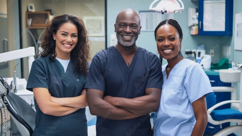 A diverse group of dental professionals in scrubs smiling and standing in a dental office - obrazy, fototapety, plakaty 