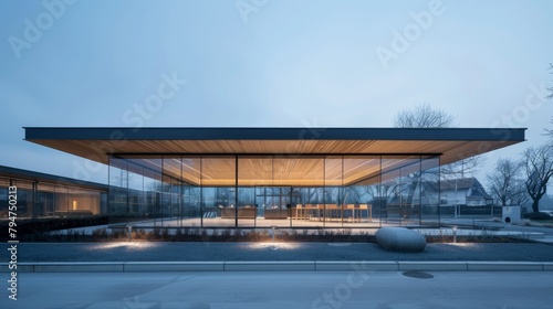 A large, one-floor glass building with numerous windows, showcasing a sleek and contemporary design
