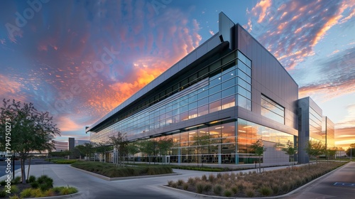 A high-capacity data storage facility with modern architecture standing tall against a picturesque sunset in the background