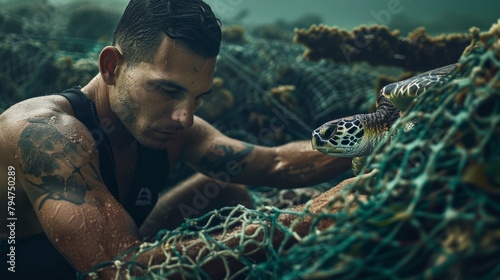 A man carefully untangles a turtle from discarded fishing nets, representing conservation efforts to protect marine life photo