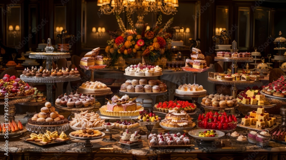 A wide-angle view of an opulent banquet table covered with a lavish array of cakes and desserts, illuminated by soft lighting