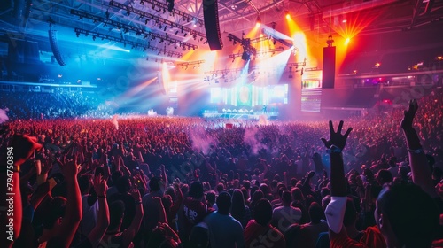 Vibrant scene of a packed indoor arena during a live music festival with a large crowd of people enjoying the performance