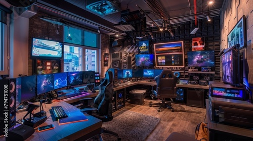 A room filled with multiple computer monitors featuring various streaming options in a state-of-the-art workspace