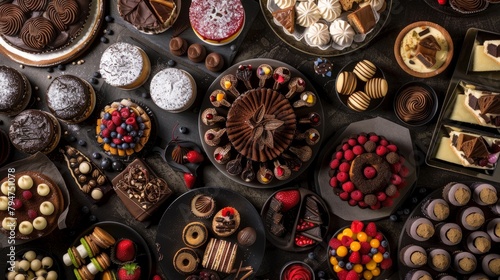 Overhead view of a table covered with an assortment of different types of cakes and desserts ready to be served