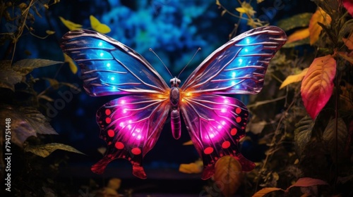 Vibrant closeup of a butterfly with wings spread, set against a garden backdrop featuring a delicate hologram signal photo