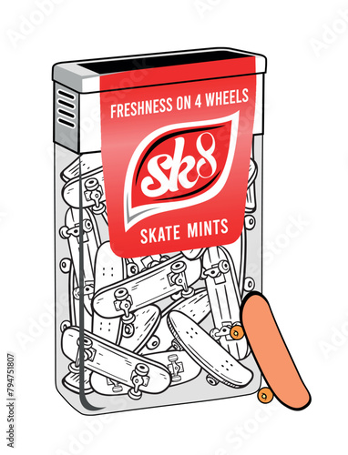 Vector illustration of candy cane box full of skateboards. Art for printing on t-shirts, posters and etc....