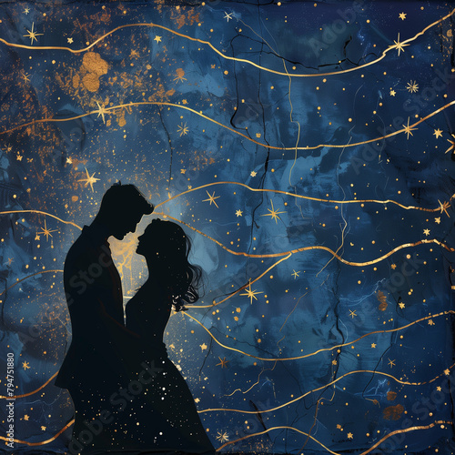 kissing couple in the night, couple in love on the background of the starry sky  photo