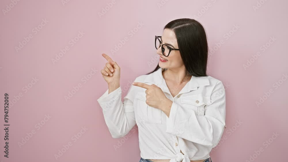 Cheerful young hispanic woman pointing to side with both hands, confidently presenting product on pink isolated background, smiling, looking at camera Cheerful young hispanic woman pointing to side with both hands, confidently presenting product on pink isolated background, smiling, looking at camera