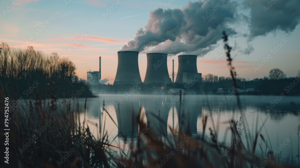 A nuclear power station with chimney smoke going into the sky in front of a lake