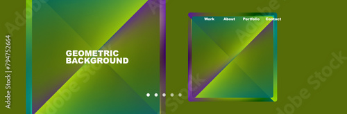 The colorfulness of the green and purple geometric background is enhanced by the azure triangle and magenta rectangle. The parallel lines create a modern and dynamic design with a bold font