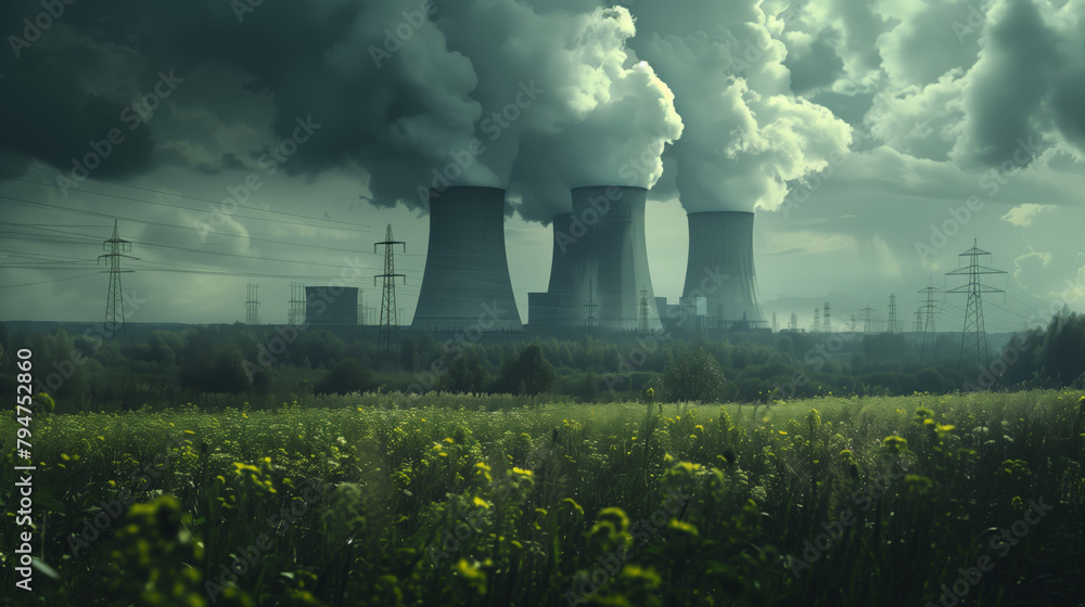 A nuclear power station with chimney smoke going into the sky