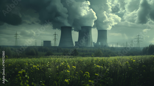 Obraz na płótnie A nuclear power station with chimney smoke going into the sky w salonie