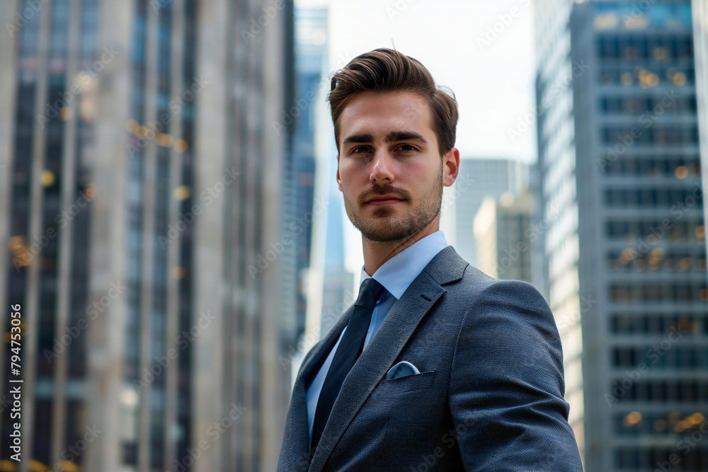 The Consultant: Stylish in a Sharp Suit Against a Urban Skyline