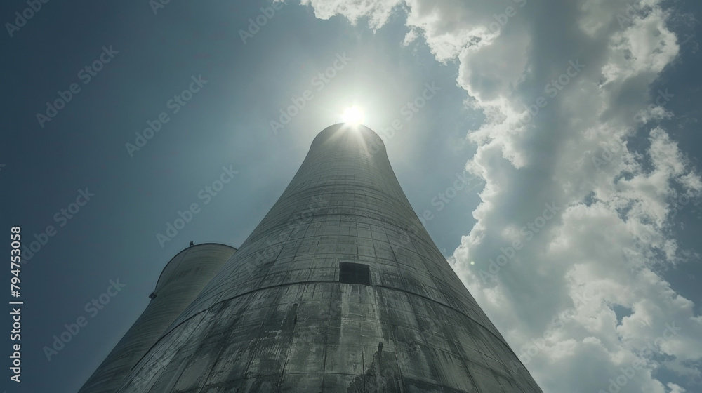 Looking up from below a a nuclear power station chimney