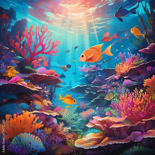  a whimsical underwater scene with colorful coral reefs and exotic fish. 