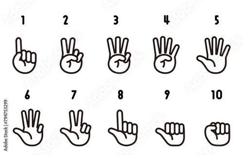 ハンドサイン　数を数える手のイラスト（モノクロ）
