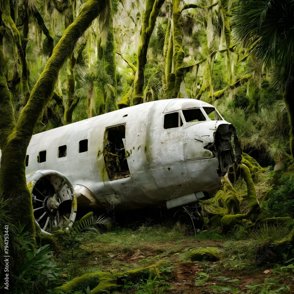 Abandoned plane wreck in tropical jungle covered with moss. 