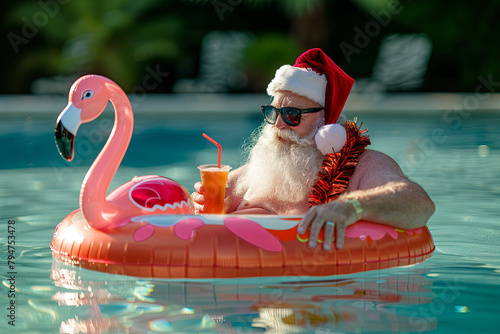 Father Christmas enjoying a tropical getaway, complete with flamingo pool float, shades, and a refreshing beverage photo