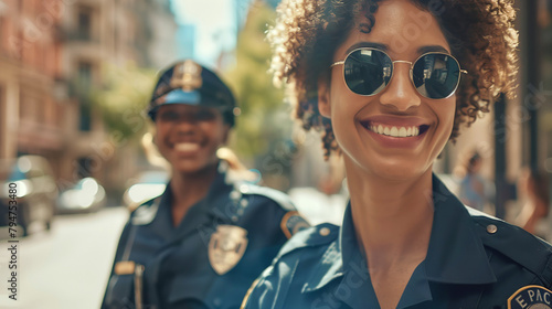 Cheerful female police officer in foreground with partner behind.