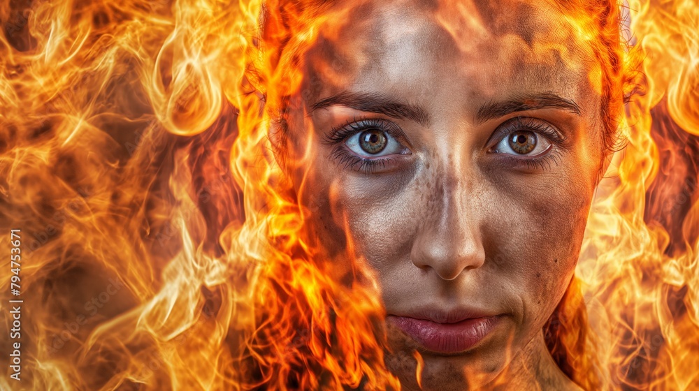 Woman's face with flames surrounding her, intense and powerful portrait.