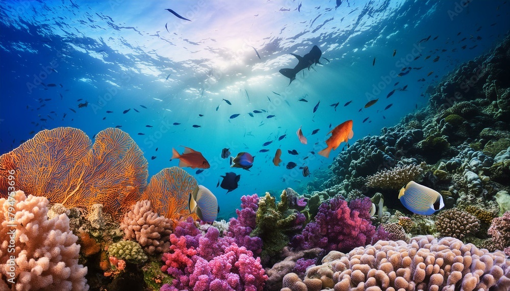  a whimsical underwater scene with colorful coral reefs and exotic fish.