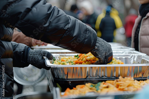 Community volunteers provide warm food to those in needi at neighborhood soup kitchen, underscoring the value of local support photo